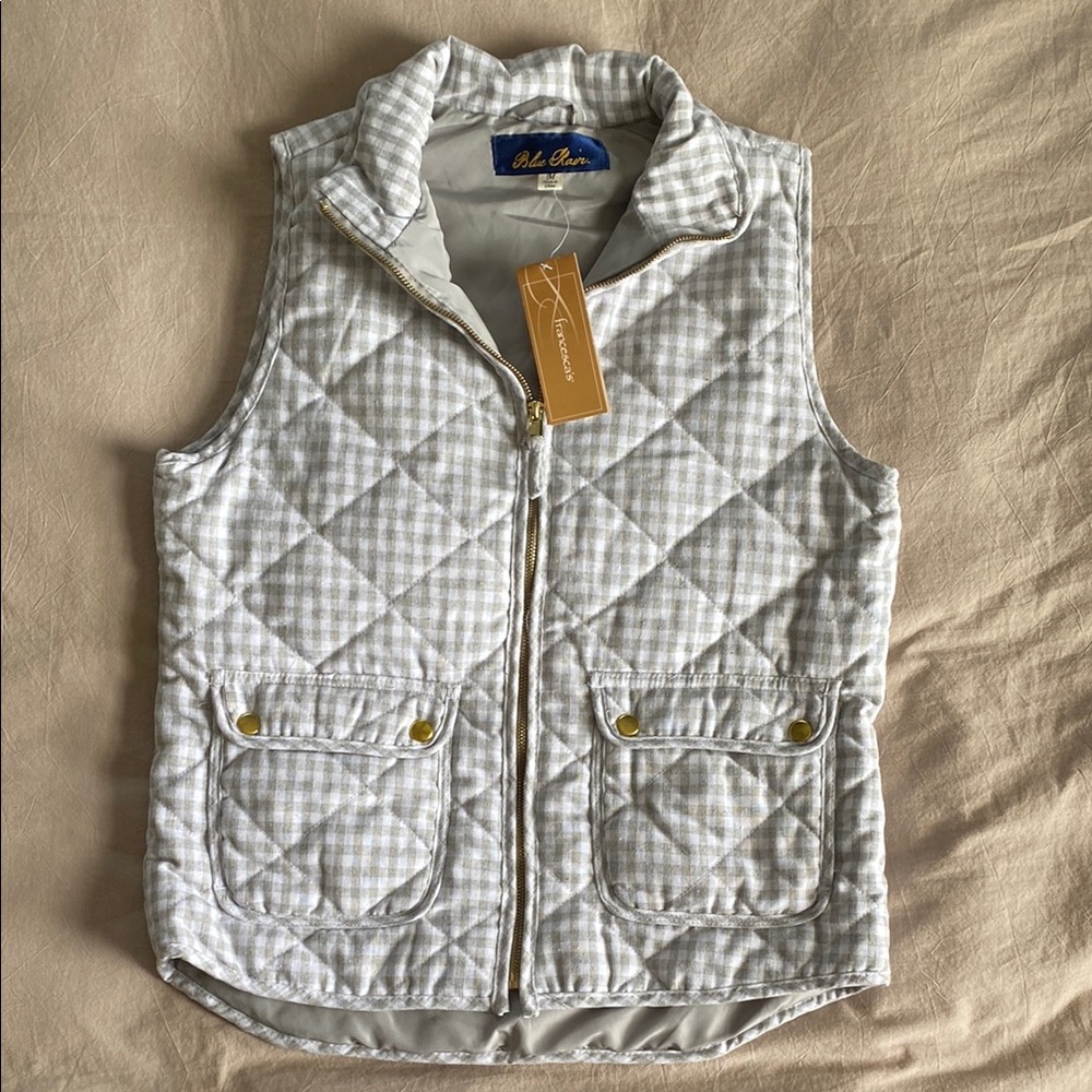 Francesca’s Blue Rain Quilted Gray And White Gingham Quilted Vest Size Medium